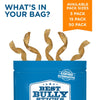 A blue bag labeled &quot;Best Bully Sticks&quot; with 7 to 10-Inch Curly Bully Sticks sticking out. Text above reads &quot;What&#39;s in your bag?&quot; and a side note indicates available pack sizes of 5, 15, and 50. These twisted dog chews are suitable for dogs of all sizes.