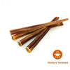 Four Best Bully Sticks&#39; 12-Inch Hickory Smoked Bully Sticks are arranged on a white background with a small orange &quot;hickory smoked&quot; icon in the corner.