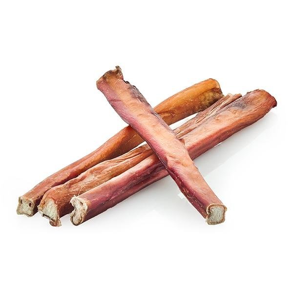 Three 12-inch thick bully sticks by Best Bully Sticks are carefully arranged on a pristine white surface, ready to serve as an irresistible dog chew.