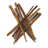 A carefully arranged crisscross display of Best Bully Sticks&#39; 12-Inch Thin Bully Sticks (16 Count) stands out against a white background. Known for being single-ingredient chews, these treats are not only visually appealing but also easily digestible for your pets.