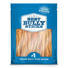 Front view of a blue Best Bully Sticks package labeled &quot;6-Inch Bladder Stick,&quot; displaying light brown dog chews through a clear window as a dental health rawhide alternative.