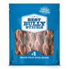 The 6-Inch Braided Bully Stick by Best Bully Sticks, the top online bully stick brand, features a blue label and is marketed as a rawhide alternative. These healthy dog chews are visible through a clear window for easy viewing.