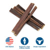 Five 6-Inch Gullet Sticks from Best Bully Sticks are stacked, with icons below indicating &quot;USA Baked,&quot; &quot;Supports Joint &amp; Bone Health,&quot; and &quot;Single Ingredient.&quot; These dog treats are rich in chondroitin, enhancing the health benefits for your pet&#39;s joints and bones.