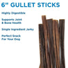 Six 6-Inch Gullet Sticks from Best Bully Sticks are showcased vertically to highlight their benefits: they are highly digestible and rich in chondroitin, which supports joint and bone health. These single-ingredient jerky dog treats make an ideal snack for your canine companion.