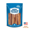 The blue package of the 6-Inch Jumbo USA-Baked Odor-Free Bully Stick by Best Bully Sticks displays several treats as a rawhide alternative. An American flag and &quot;Baked in the USA&quot; text emphasize these all-natural beef snacks.