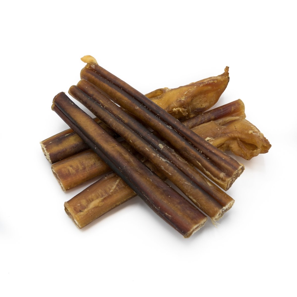 A collection of 6-Inch Thick Bully Sticks from Best Bully Sticks, crafted from grass-fed beef for ideal dog chews, is displayed on a white background.