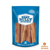 A close-up of a blue package labeled &quot;Best Bully Sticks&quot; displays the 6-Inch Thick Hickory Smoked Bully Stick 6 Pack made from grass-fed beef. A small label indicates &quot;Rawhide Alternative&quot; and &quot;Hickory Smoked,&quot; emphasizing these gourmet dog chews.