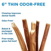 Several Best Bully Sticks 6-inch thin, odor-free bully sticks for dogs, highlighted as baked and individually packaged, displayed against a blue background with descriptive text.