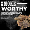 A black and white image of a Hickory Smoked Beef Joint Jerky 1lb dog chew with the words smoke worthy - Best Bully Sticks.