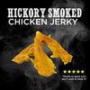 Hickory Smoked Chicken Jerky from Best Bully Sticks, all-natural chicken jerky with text, &quot;Smells so good even you’ll want to chew it!&quot; and a five-star rating on a smoky black background.
