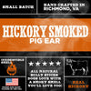 Label design for Best Bully Sticks Hickory Smoked Pig Ears emphasizes 100% Natural USA Baked dog chew with phrases like handcrafted in Richmond, VA, irresistible smell, all natural ingredients, and real hickory. Ideal for pets deserving a truly authentic treat.