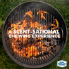 A top-down image of a lit grill with flames shows the text &quot;A SCENT-SATIONAL CHEWING EXPERIENCE&quot; and a &quot;Best Bully Sticks&quot; logo, emphasizing the irresistible appeal of 100% Natural USA Hickory Smoked Pig Ears for the ultimate dog chew delight.