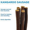 Close-up of Best Bully Sticks Kangaroo Sausage with text: &quot;Sourced from Australia. Ideal for treats and rewards. Easily digestible.