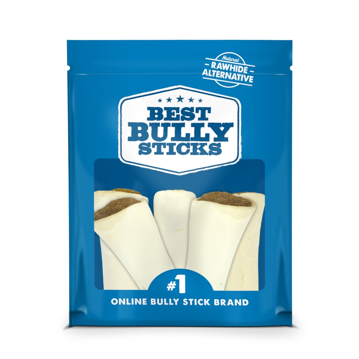 Three Peanut Butter Stuffed Shin Bones (3 Pack) by Best Bully Sticks on a white background.