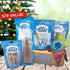 A holiday gift box of The BEST Holiday Treats &amp; Chews Box from Best Bully Sticks with a Christmas tree on it, perfect for dogs during the holiday season.