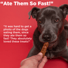 A person feeding a dog a Wild Hare Sausage treat from Best Bully Sticks, with the text ate them so fast it was hard to get a dog to eat.